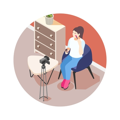 Isometric icon with beauty vlogger shooting video about cosmetics vector illustration