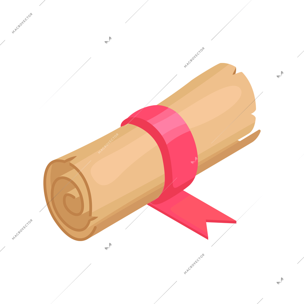 Isometric scroll of old parchment with pink ribbon on white background 3d vector illustration
