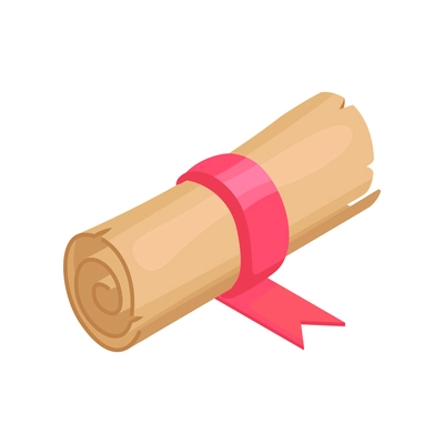 Isometric scroll of old parchment with pink ribbon on white background 3d vector illustration