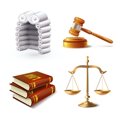 Law legal justice icons set with judge wig gavel books and scales isolated vector illustration