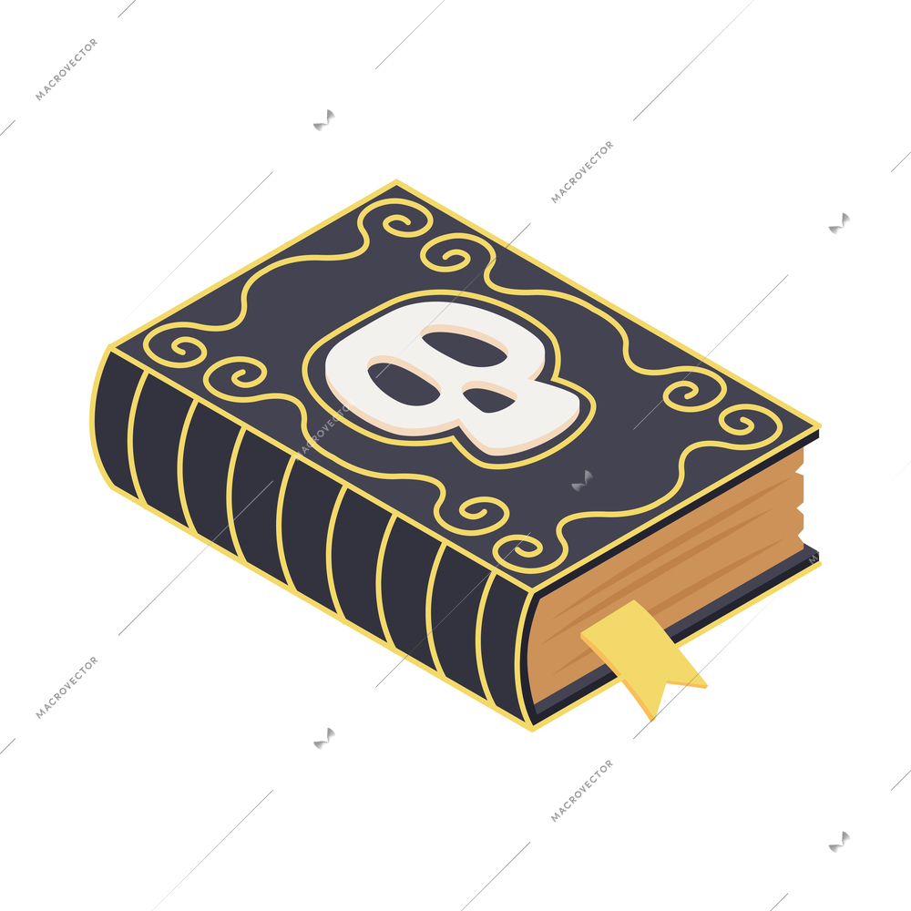 Witchcraft book with bookmark and skull on cover isometric icon vector illustration