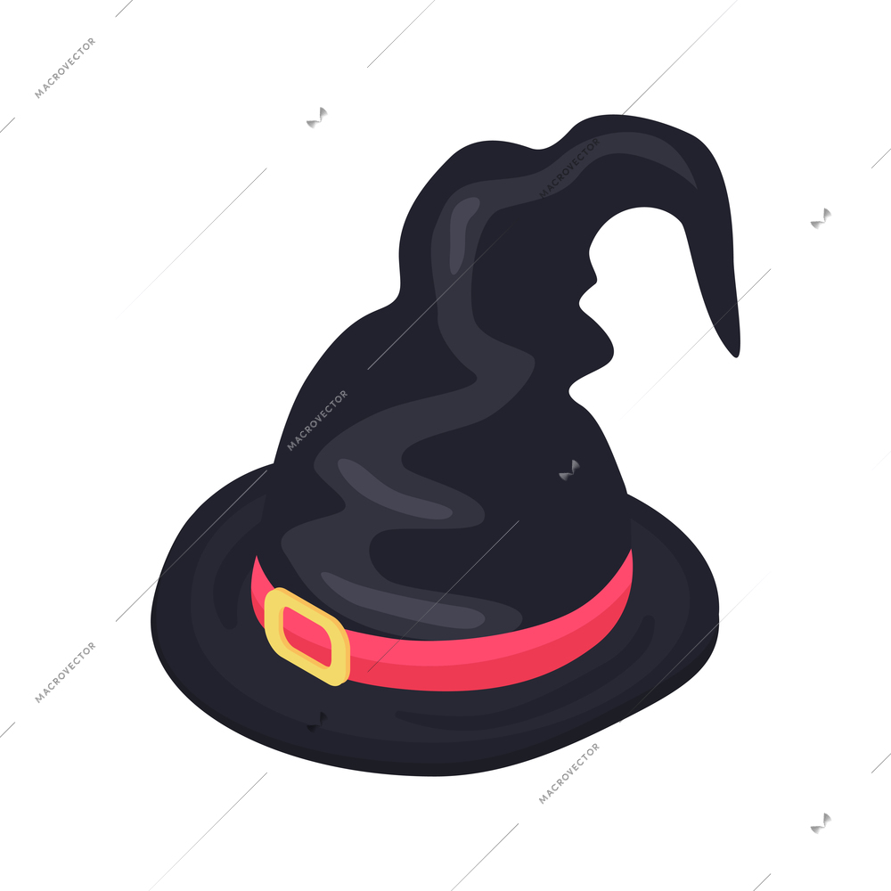 Black witch hat with red strip on white background isometric icon vector illustration
