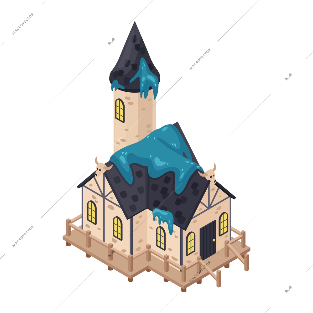 Creepy stone witch house with tower and animal skulls isometric icon vector illustration