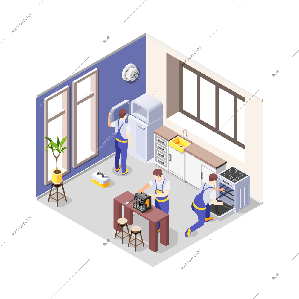 Home appliance repair service icon with three workers fixing fridge cooker coffee machine in kitchen isometric vector illustration