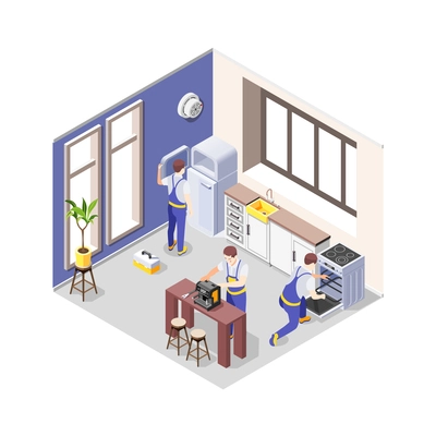 Home appliance repair service icon with three workers fixing fridge cooker coffee machine in kitchen isometric vector illustration