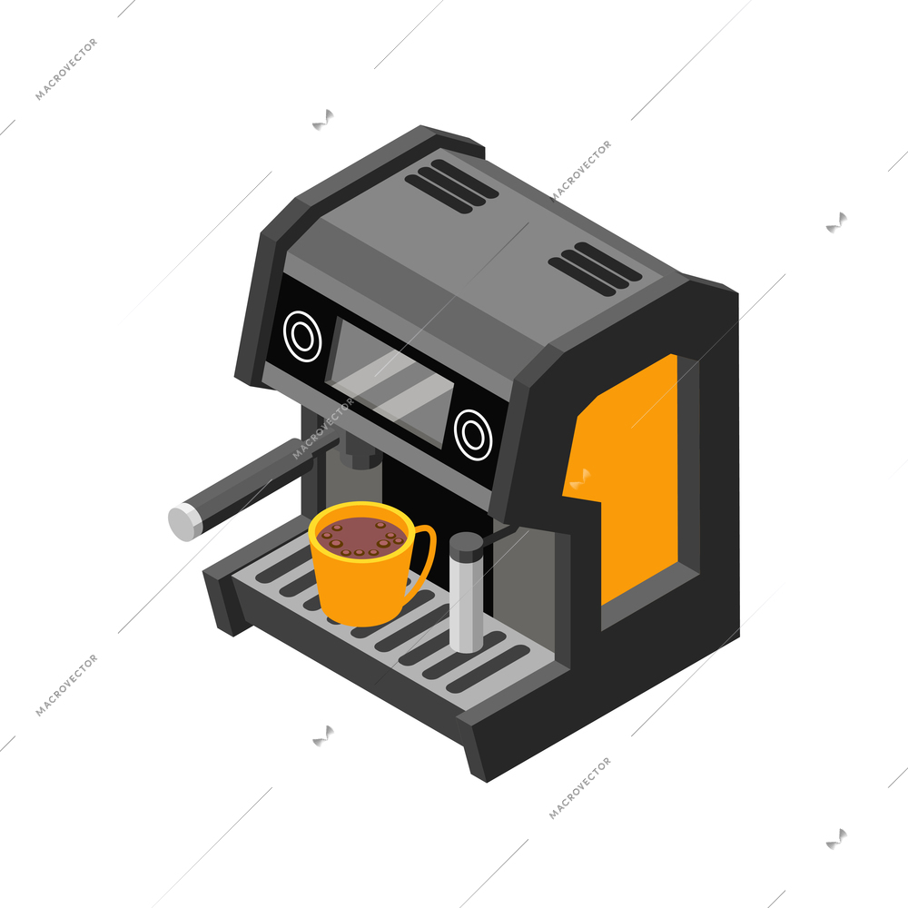 Isometric icon with coffee machine and cup of hot drink 3d vector illustration