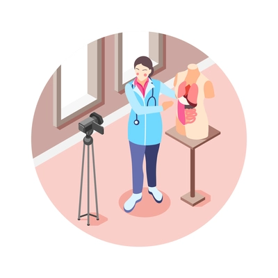 Isometric icon with woman blogger shooting video on medical topic 3d vector illustration