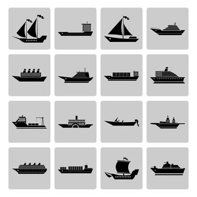 Ship sailing yachts and cruise boats black silhouette icons set isolated vector illustration