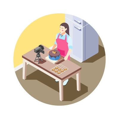 Female blogger shooting cooking video in kitchen isometric icon 3d vector illustration