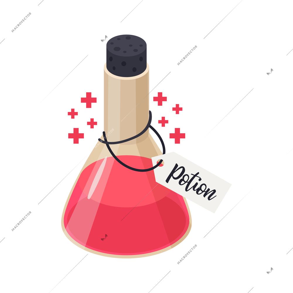 Glass flask with pink magic potion isometric icon vector illustration