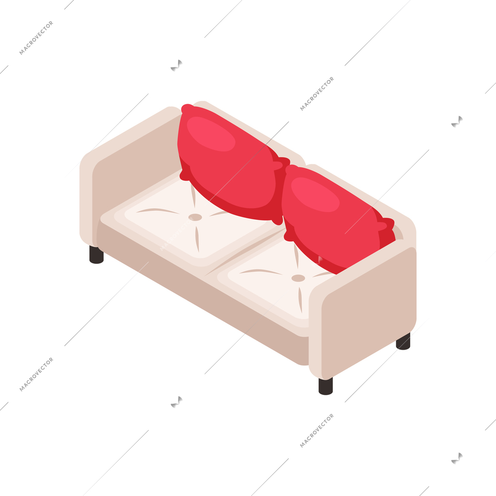 Soft white sofa with two red cushions isometric vector illustration