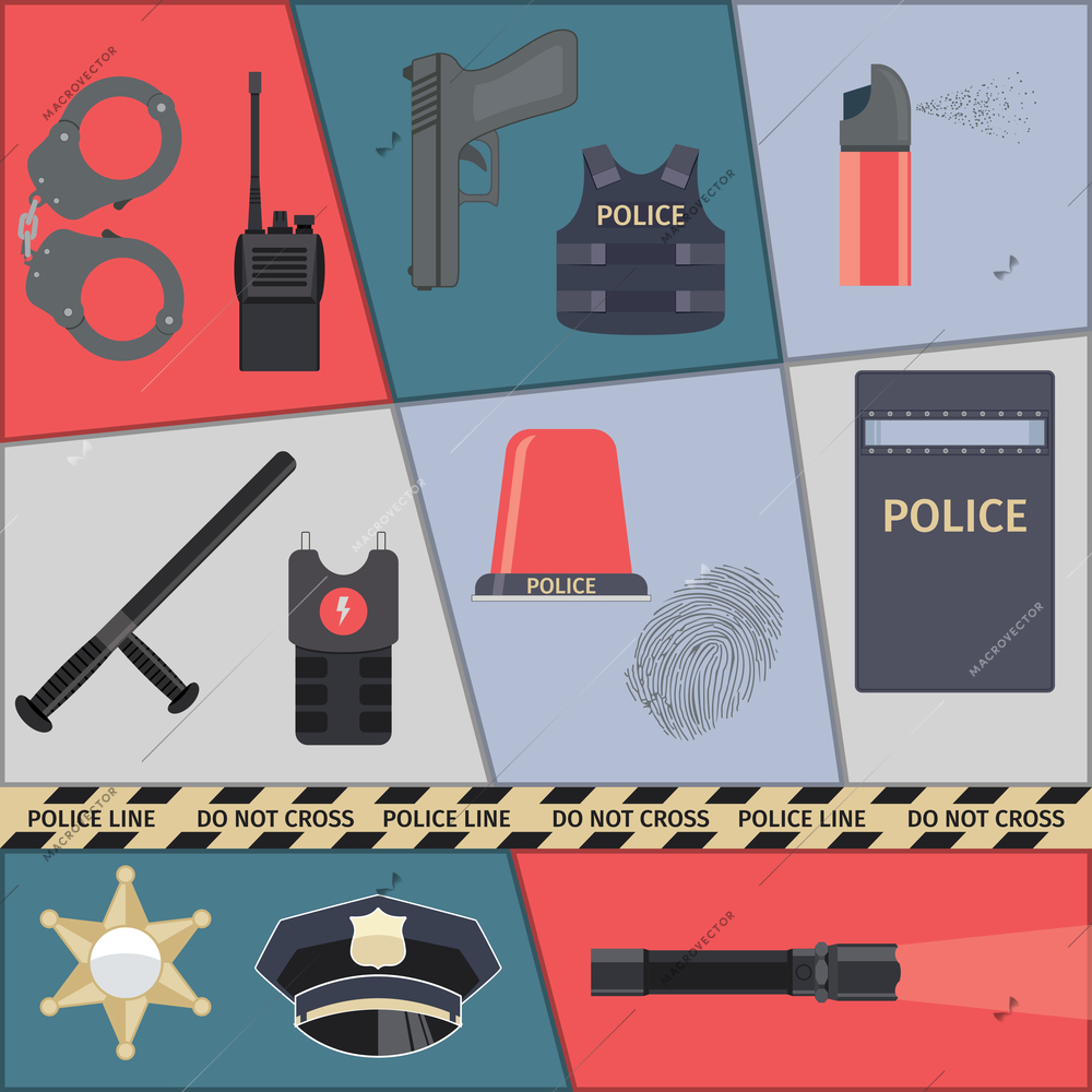 Police protect and serve special forces icons set isolated vector illustration