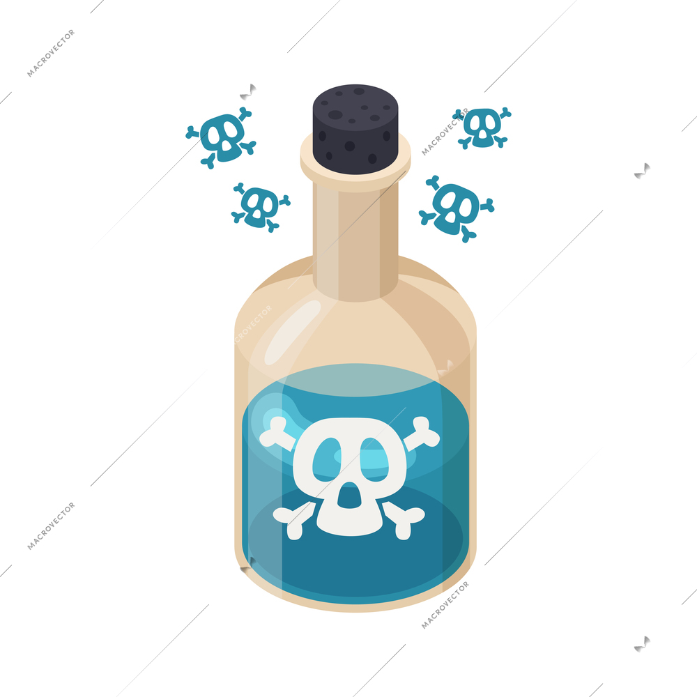 Isomeric icon with glass bottle of blue color poisonous potion 3d vector illustration