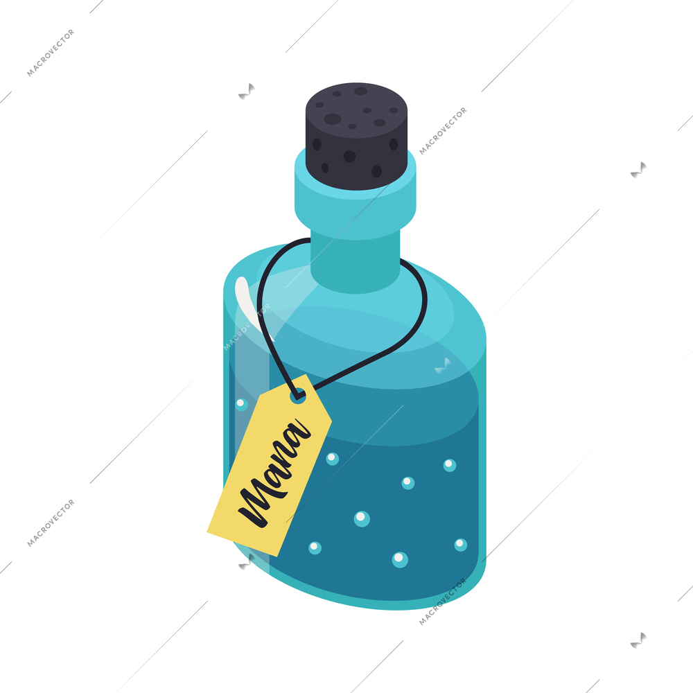 Glass bottle with blue mana potion isometric icon 3d vector illustration