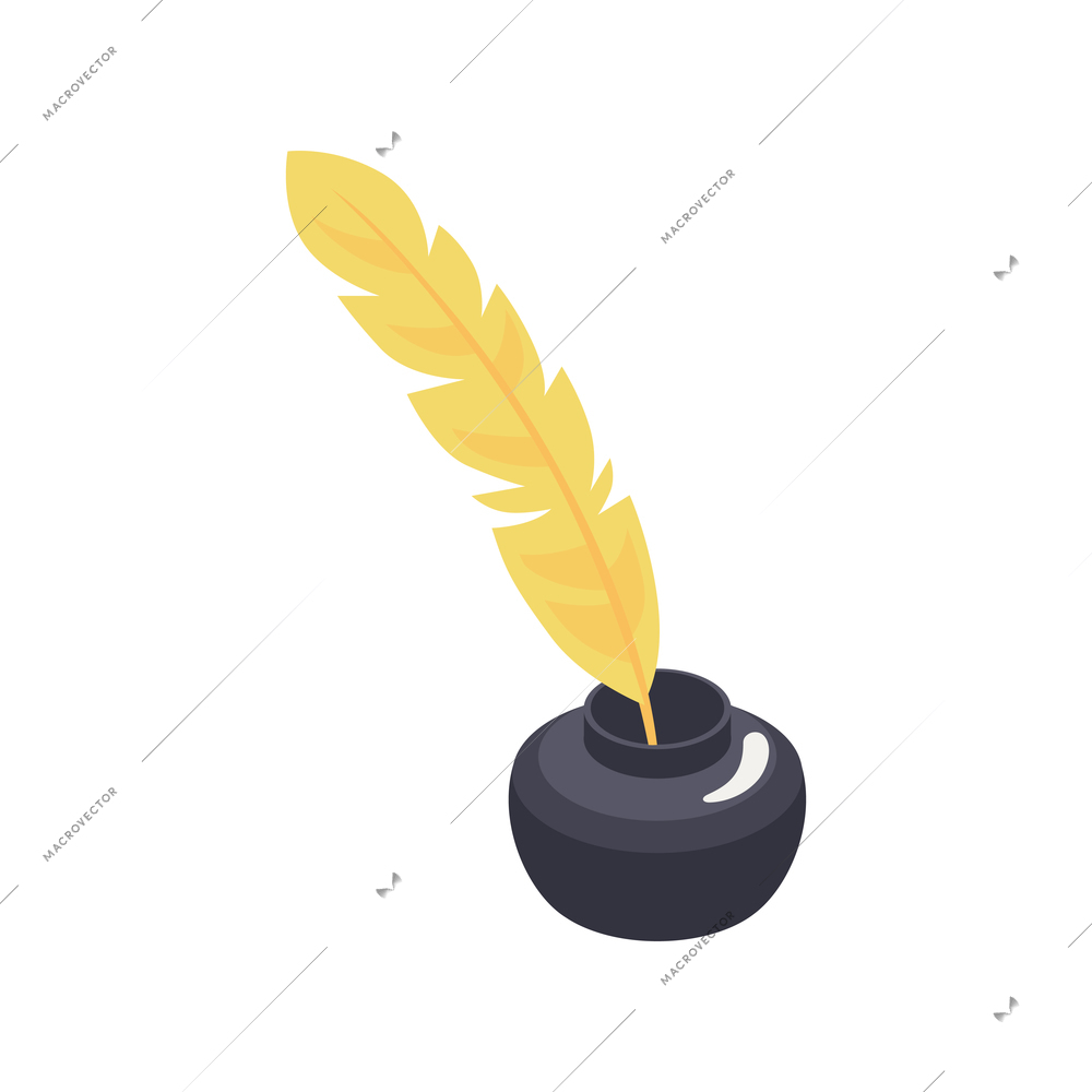 Isometric icon with yellow feather in black inkpot 3d vector illustration