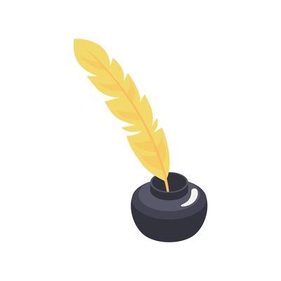 Isometric icon with yellow feather in black inkpot 3d vector illustration