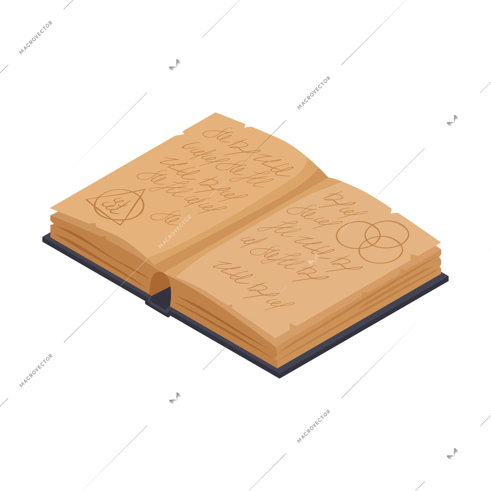 Open old magic alchemy book isometric icon 3d vector illustration