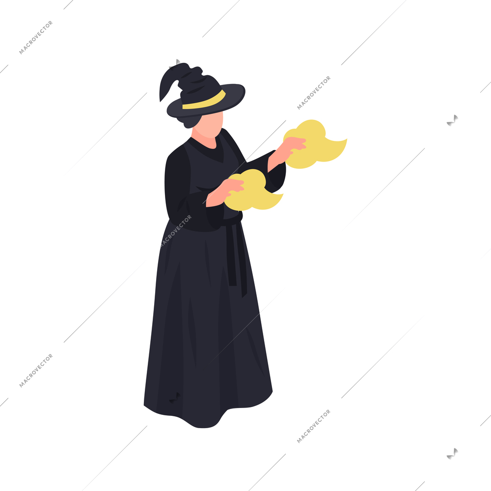 Isometric icon with female character of witch doing magic vector illustration