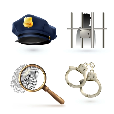 Law legal justice police icons set with officer hat handcuffs fingerprints isolated vector illustration