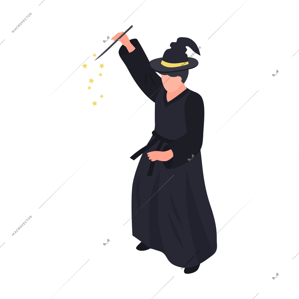 Witch in black costume with hat and magic wand isometric icon 3d vector illustration