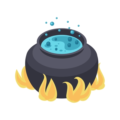 Magic cauldron with boiling liquid on fire isometric icon 3d vector illustration