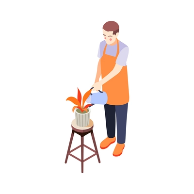 Man in apron watering potted plant 3d isometric vector illustration