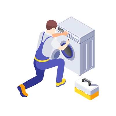Man in uniform repairing washing machine isometric icon 3d vector illustration