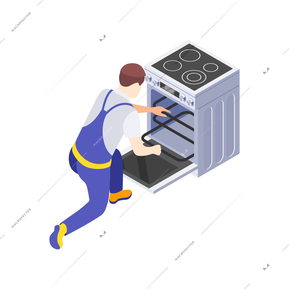 Isometric icon with worker repairing home appliance cooker stove 3d vector illustration