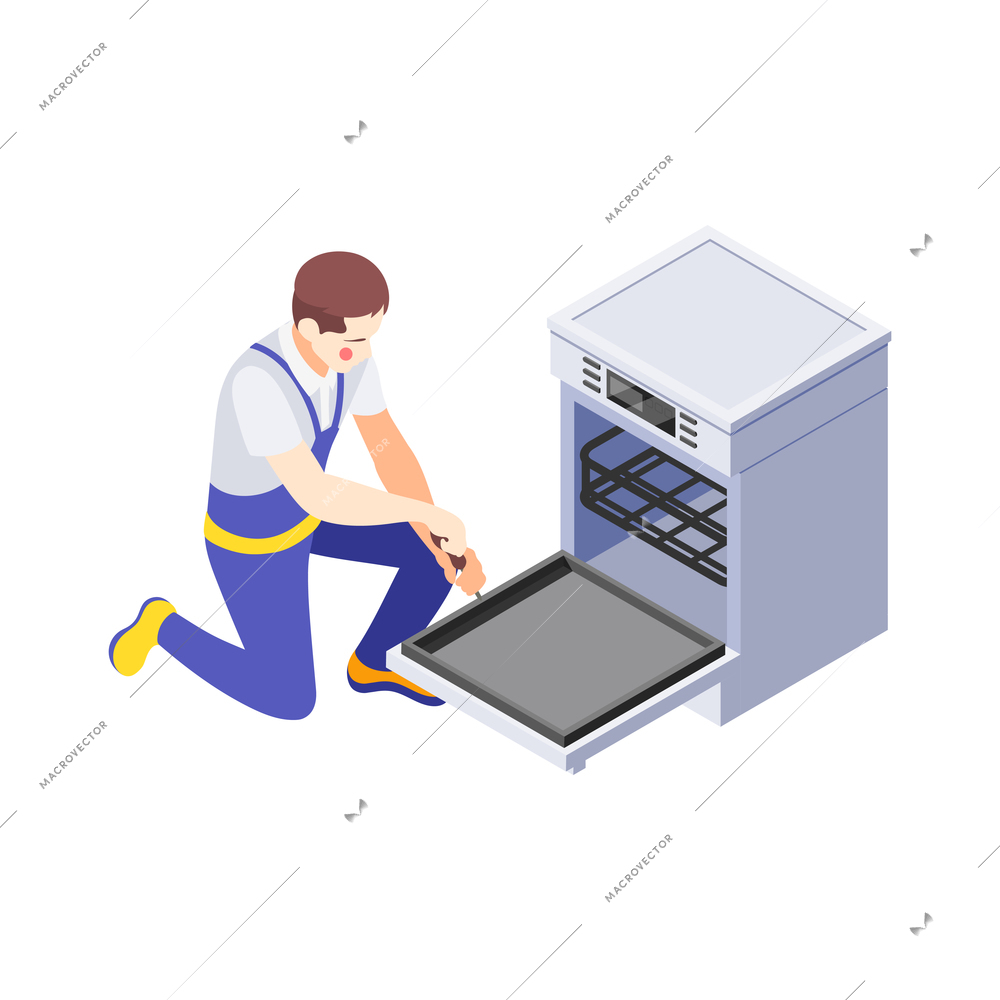 Home appliance repair isometric icon with man fixing dishwasher 3d vector illustration