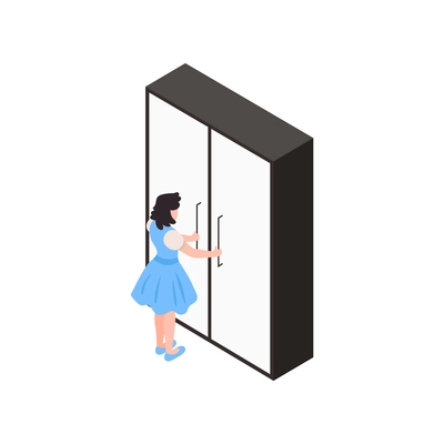 Furniture store isometric icon with female character opening doors of wardrobe vector illustration