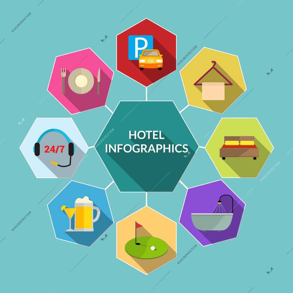 Hotel amenities and room service tourism flat infographic concept vector illustration