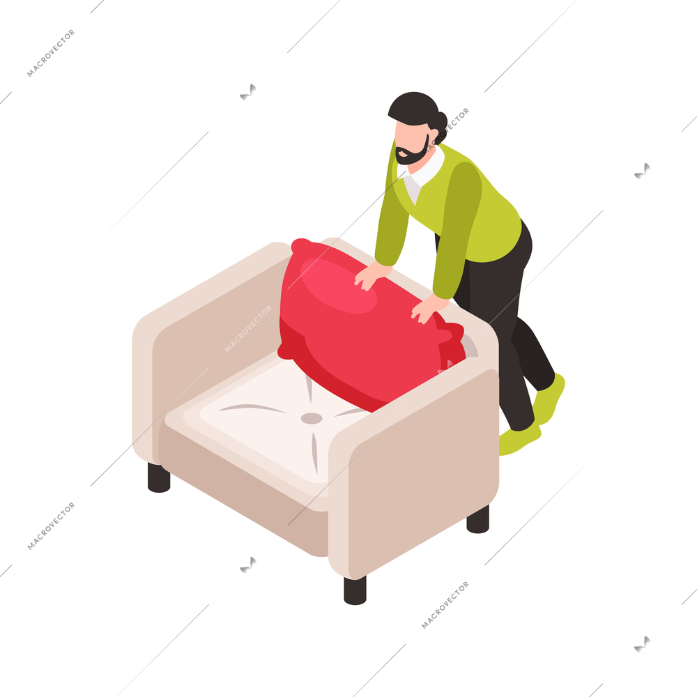 Man choosing armchair with cushion in furniture store isometric vector illustration