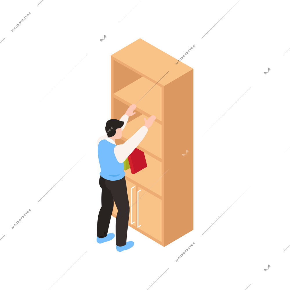 Isometric furniture store icon with man examining bookcase 3d vector illustration