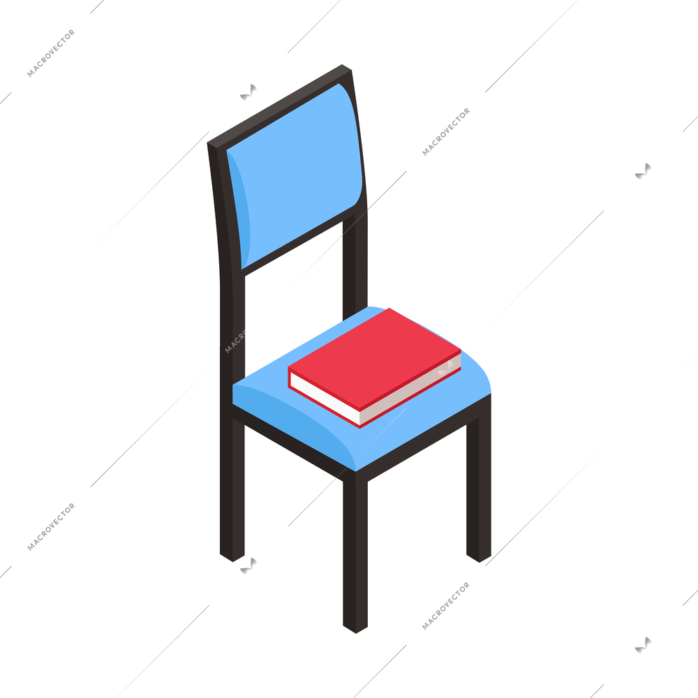 Isometric black and blue chair with book on its seat 3d vector illustration