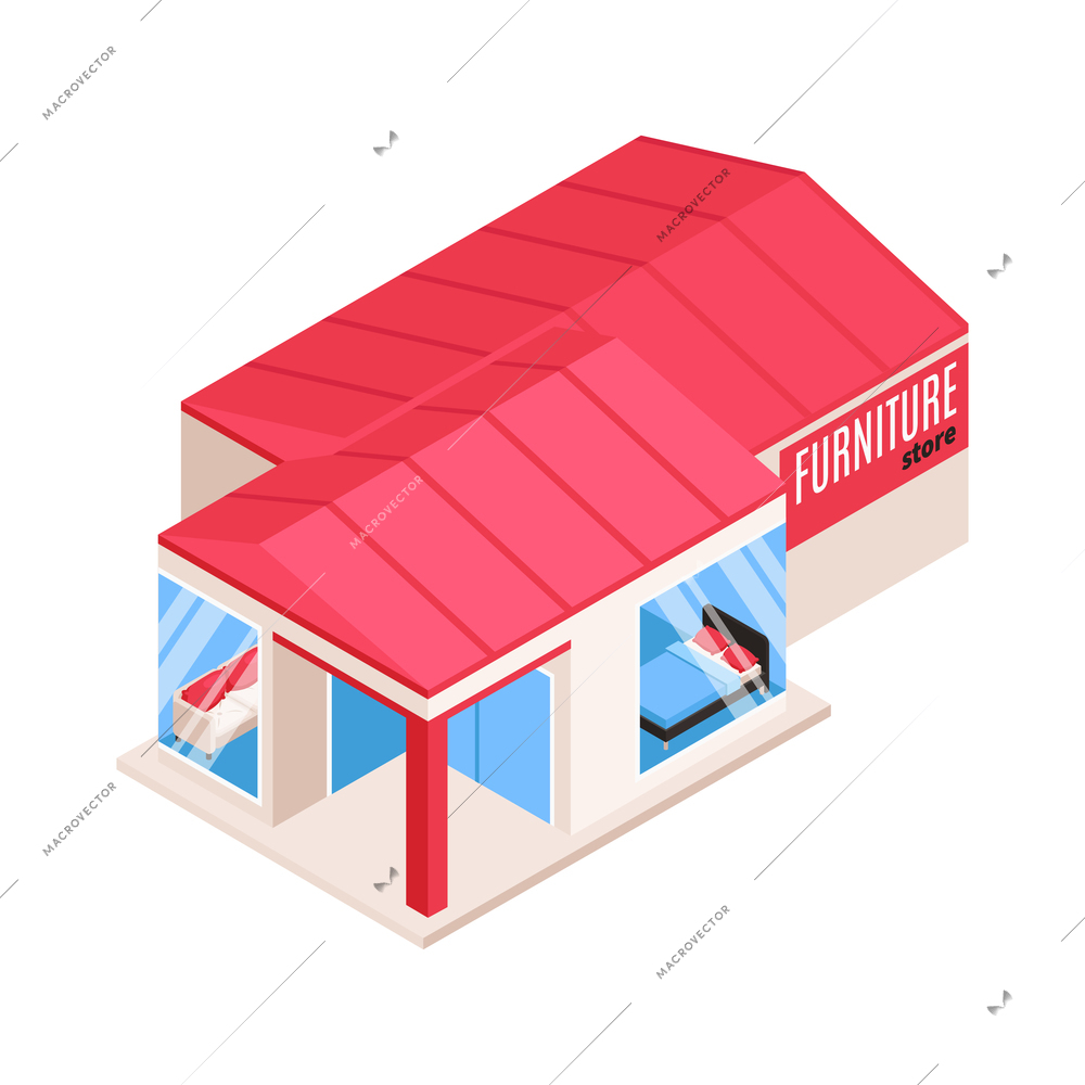 Furniture store building exterior on white background 3d isometric vector illustration
