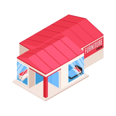 Furniture store building exterior on white background 3d isometric vector illustration