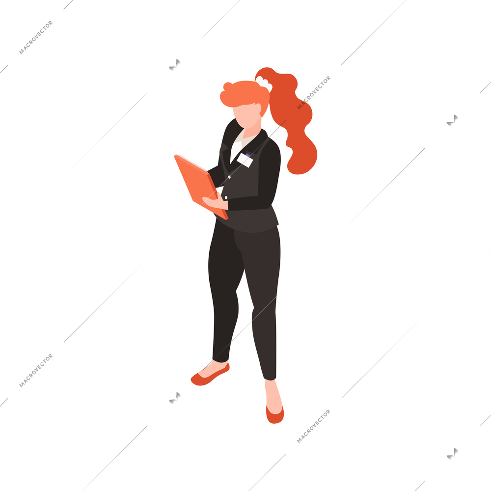 Woman wearing black suit with name badge at work 3d isometric vector illustration