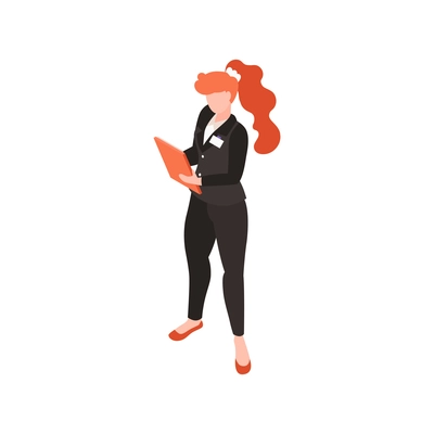 Woman wearing black suit with name badge at work 3d isometric vector illustration