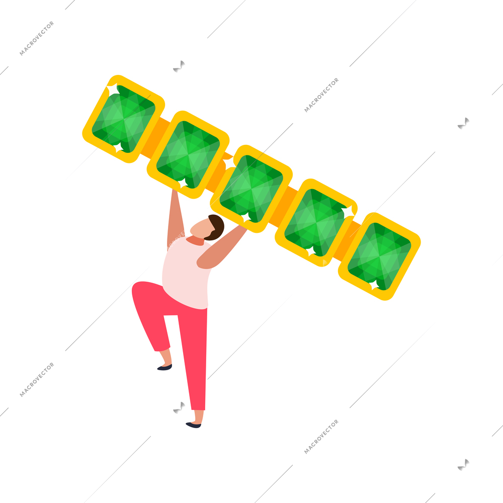 Flat icon with happy character holding gold jewelry piece with emeralds vector illustration