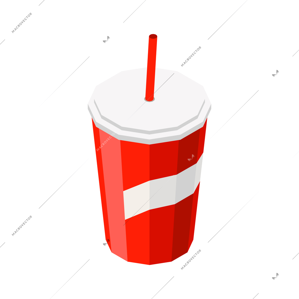 Red plastic cup with straw for cold drinks isometric icon 3d vector illustration
