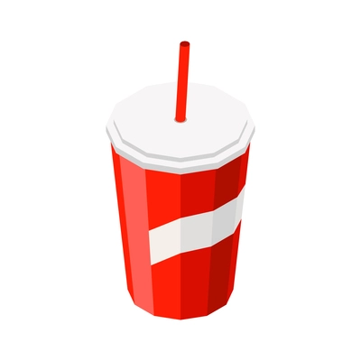 Red plastic cup with straw for cold drinks isometric icon 3d vector illustration