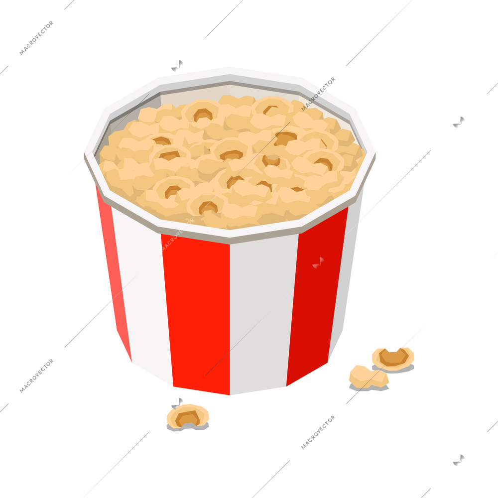 Striped white and red paper bucket of popcorn isometric icon vector illustration