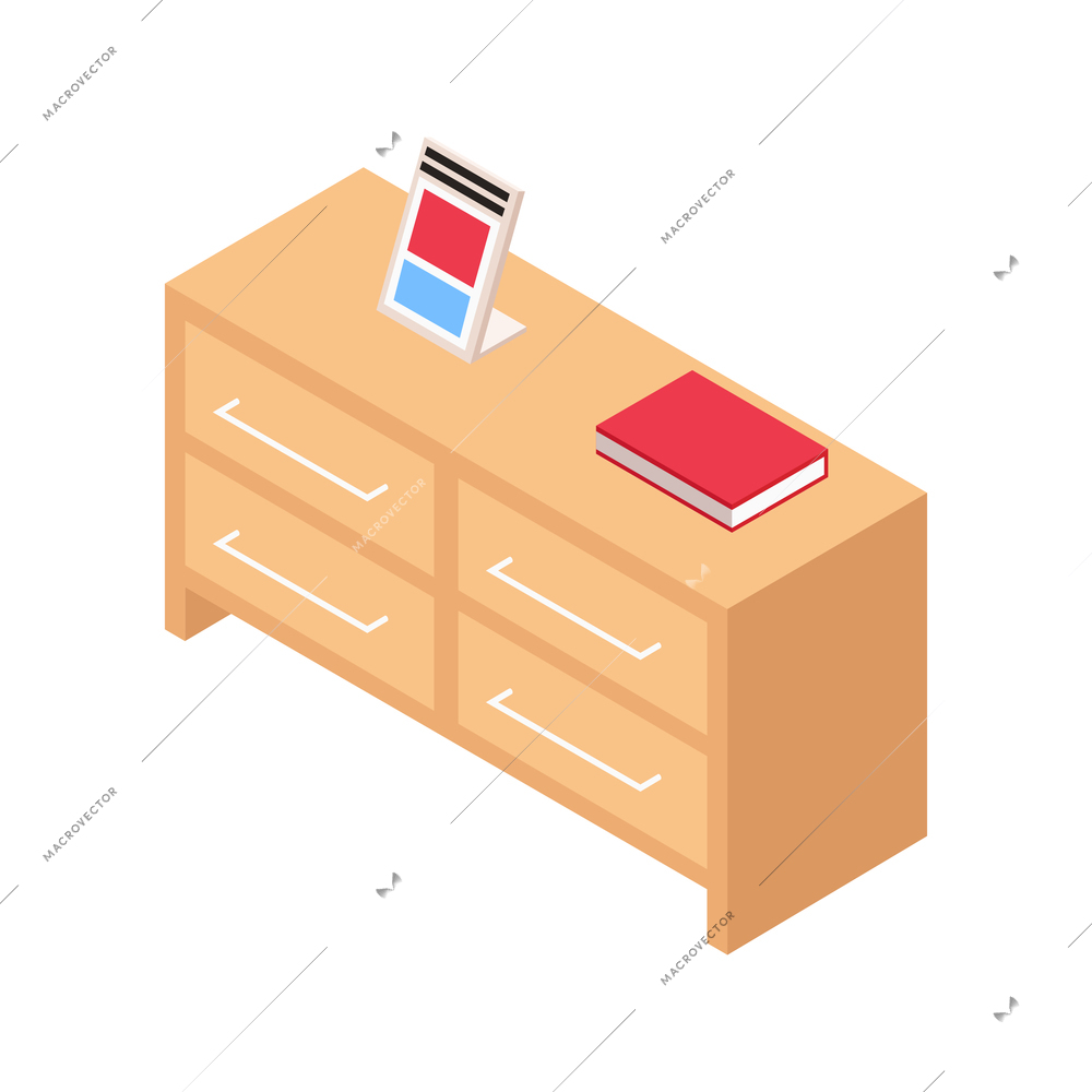 Furniture store isometric icon with wooden cabinet with four drawers 3d vector illustration