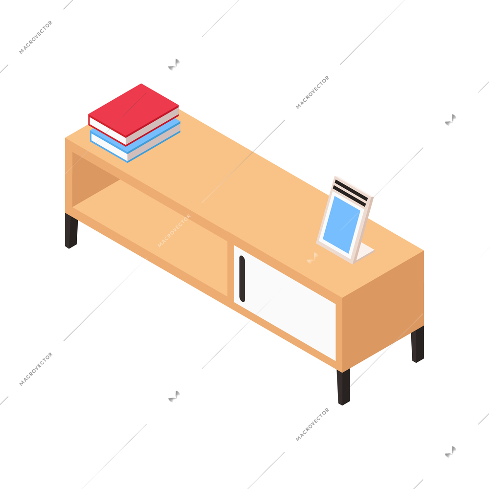 Furniture store isometric icon with side table tv stand 3d vector illustration