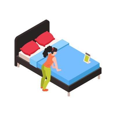 Furniture store isometric icon with woman choosing bed 3d vector illustration