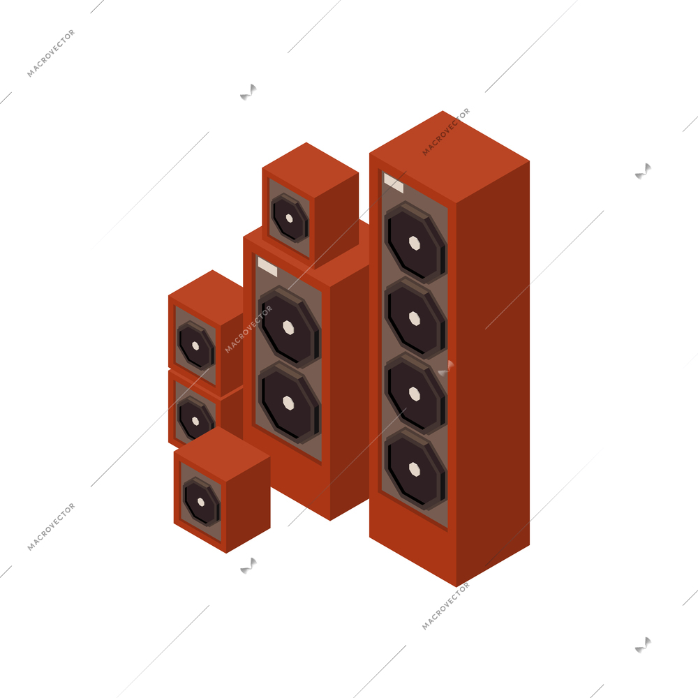 Brown loudspeakers of different size 3d isometric vector illustration