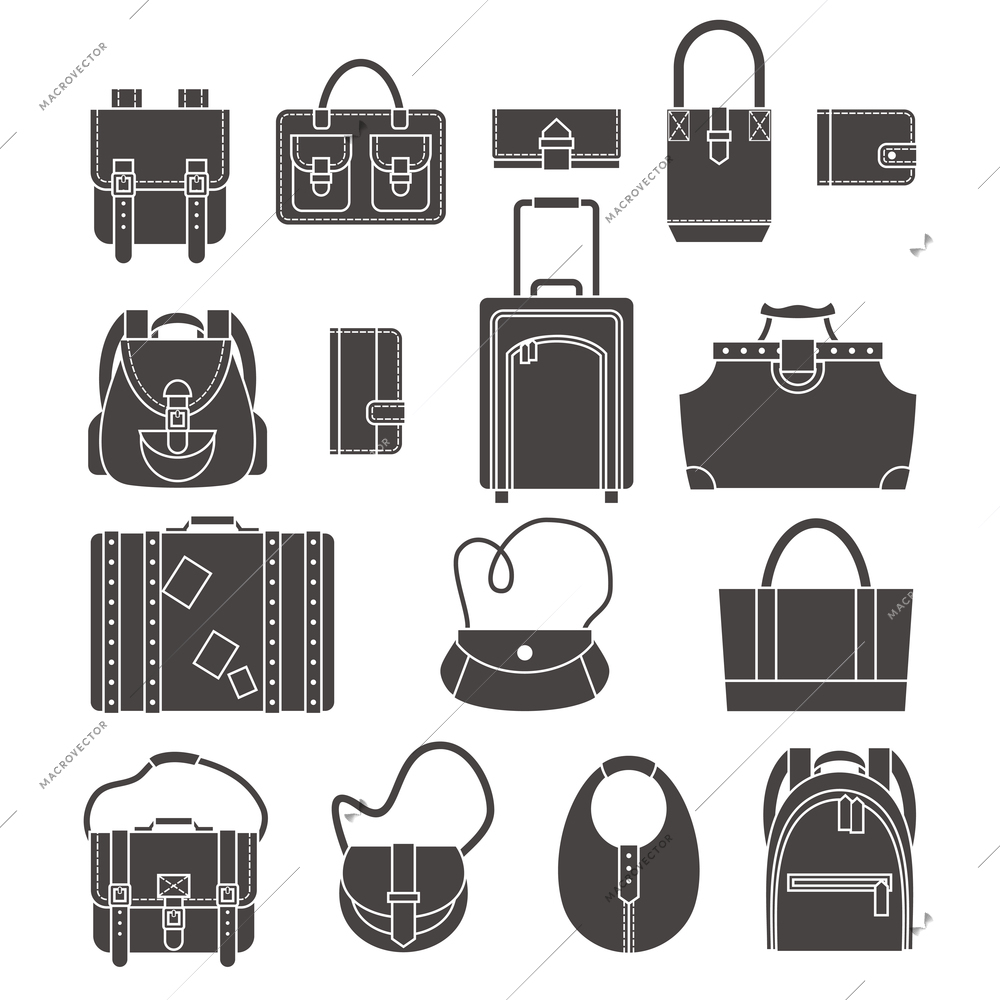 Female fashion and luggage bags black silhouette icons set isolated vector illustration