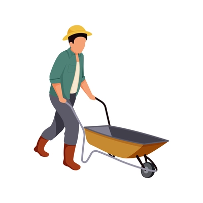 Character of farmer in boots and hat with empty wheelbarrow flat vector illustration