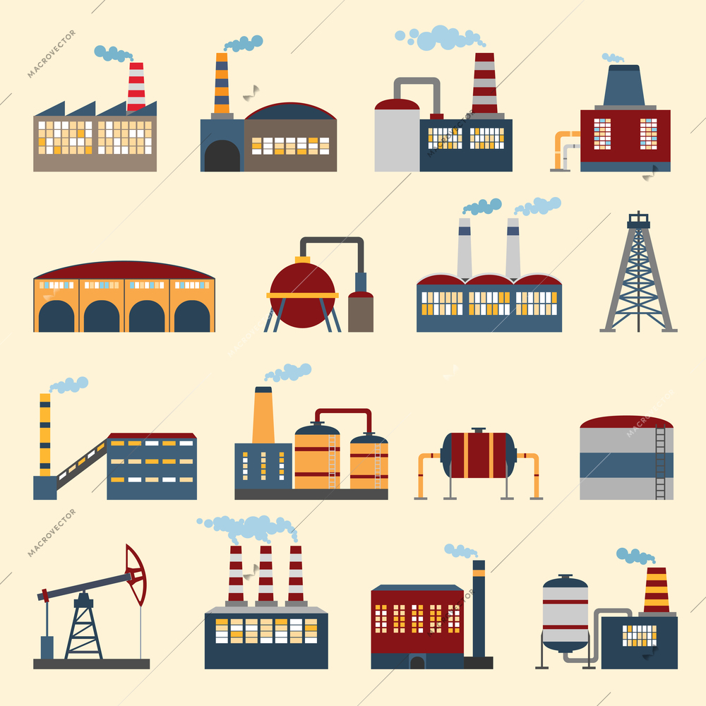 Industrial building factories and plants icons set isolated vector illustration.