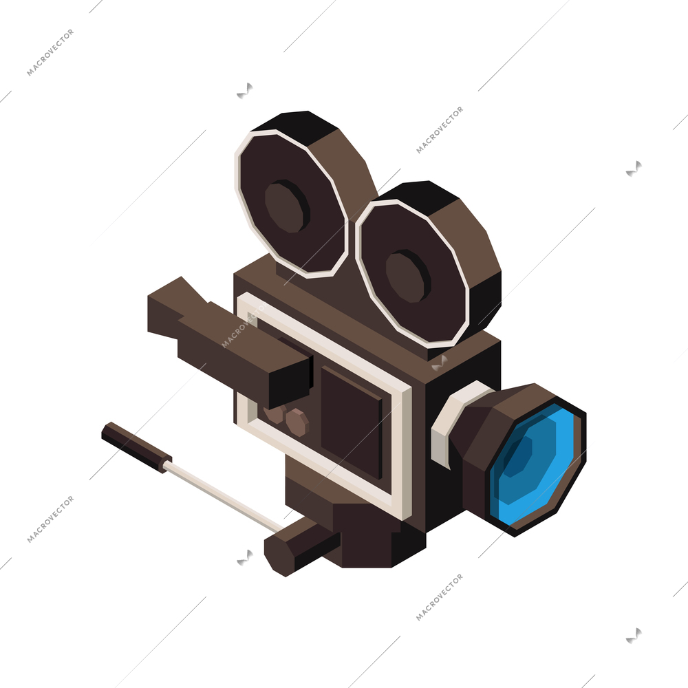 Cinema isometric icon with black vintage film camera 3d vector illustration